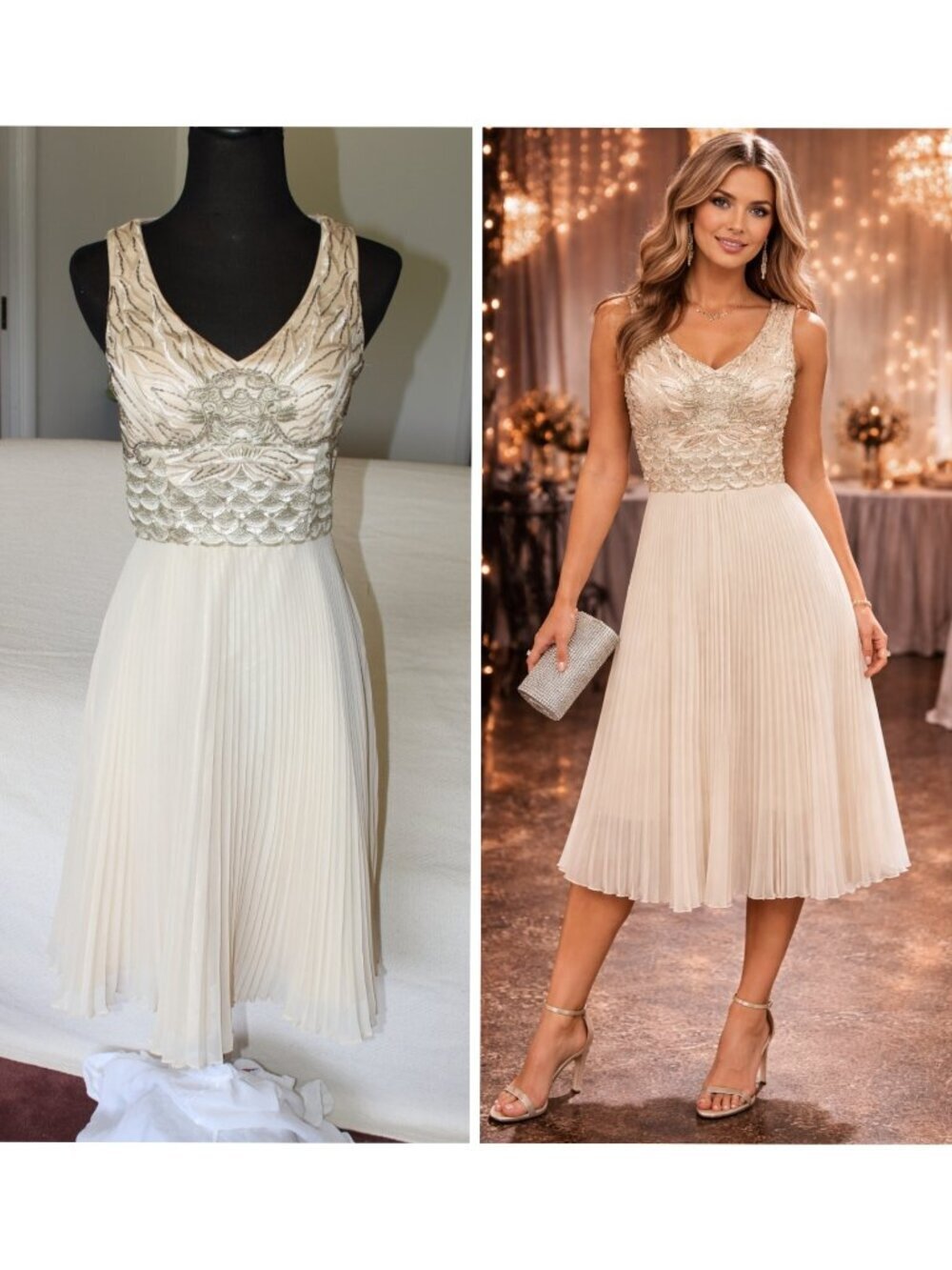 Sue Wong Champagne Embellished Midi Dress Size 4 Beading & sequins Event Wedding